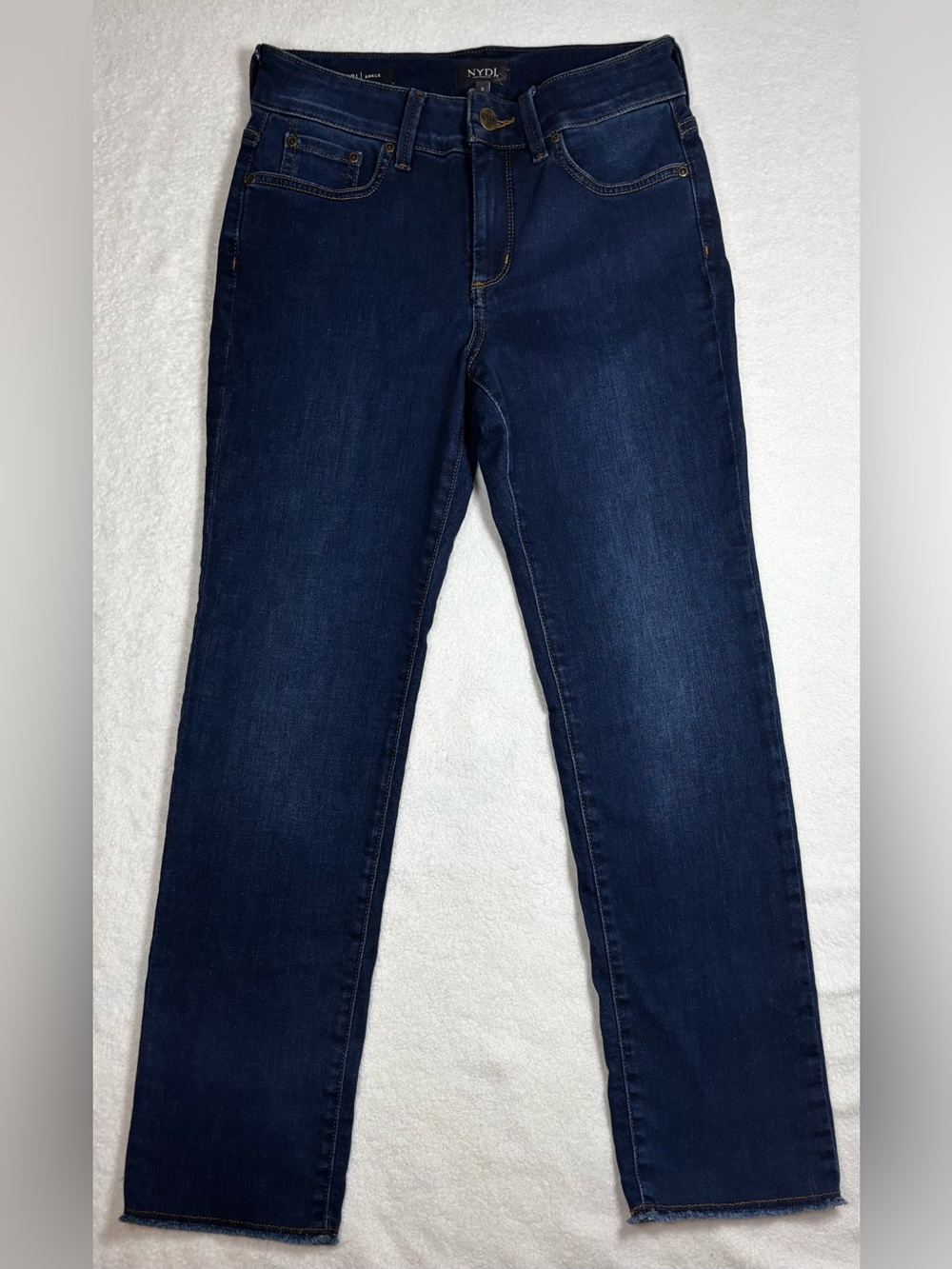 Women’s NYDJ Sheri Ankle jeans, dark blue denim, size 2, Lift Tuck fit.